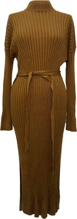 Proenza Schouler Ribbed-Knit Long Sleeve Midi Dress in Brown Silk