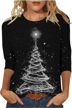 Generic KUIH Christmas Tops for Women Novelty Funny Xmas Tees Cotton 3/4 Sleeeve Blouse Lightweight Christmas Tree Jumper Graphic Pullover Holiday Crewneck Tu
