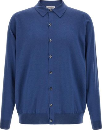 John Smedley Tibor Gebreide Shirt - Heren - Truien - Blauw - Maat: L Wol