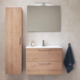 Vitra Set Mia Mueble De Ba&ntilde;o 79x61x39,5 Cm Con Espejo, Lavabo E Iluminaci&oacute;n Led + Armario 145x35x35 Cm, Roble