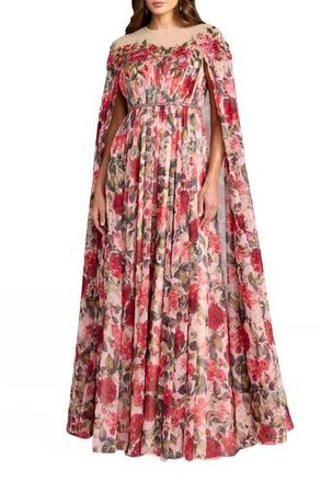 Mac Duggal Floral Printed Chiffon High Neck Cape Gown in Rose Multi at Nordstrom, Size 16