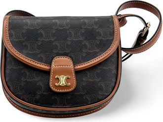 Celine Besace Flap Triomphe Coated Canvas Black Calfskin Handbag (Pre-Owned)