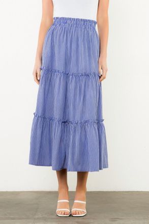 THML Clothing Tiered Striped Elastic Waist Skirt In Blue