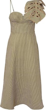 Farm Rio Womens Striped 3D Monstera Leaf Linen Midi Dress, Green