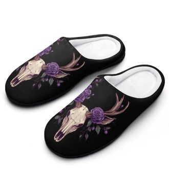 Generic Deer Animal Skull with Floral Womens Slippers Warm House Slippers Indoor House Shoes with Anti-Skid Rubber Sole
