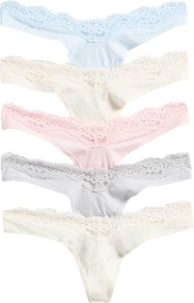 SKIMS 5-Pack Fits Everybody Lace Dipped Thong in Ivory Pearl Bow Multi at Nordstrom, Size Xx-Small