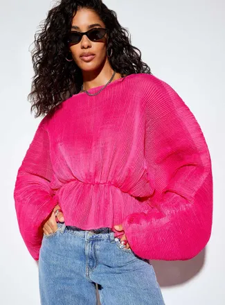Icone Womens Pleated organza butterfly-sleeve fuchsia blouse