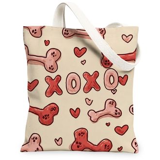 Generic Heart Pattern Canvas Tote Bags, Cute Bone Print Reusable Grocery Bags, ValentineS Day Lightweight Washable Shoulder Strap, Beige, 13x15 Inch