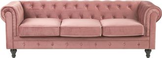 Beliani Sof&aacute; 3 Plazas Chesterfield Tapizado En Tela De Terciopelo Rosa Patas De Madera Oscura Estilo Contempor&aacute;neo Chesterfield