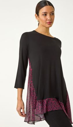 Roman Animal Print Contrast Mesh Hem Stretch Top