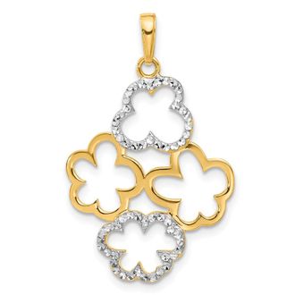 Diamond2Deal 14k Yellow Gold White Rhodium Polished Diamond-Cut Flowers Pendant