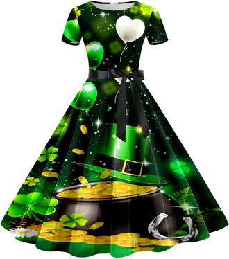 Generic Womens St Patricks Day Short Sleeve Dress Clover Pattern Dress Irish Vintage Retro Fancy Dress Irish Swing Dancing Dress