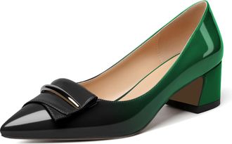 EDEFS Women Pointed Toe Block Heel Pumps Slip on Low Heels Pointed Toe Court Shoes Classic Buckle Design 2 Block Heeled Shoes Black Green UK2