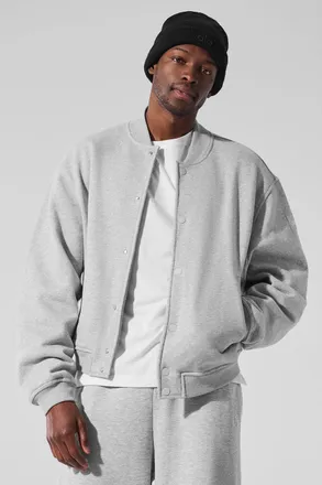 Alo | Renown Varsity Jacket in Athletic Heather Grey, Size: Medium