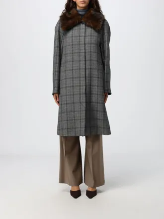 Tela Check Long Coat in Pure Virgin Wool with Fur Collar