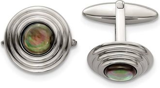 Diamond2Deal Stainless Steel Polished Black Mother of Pearl Circle Cufflinks