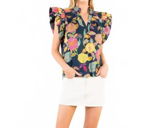 THML Clothing Ruffle Sleeves Floral Print Top In Navy