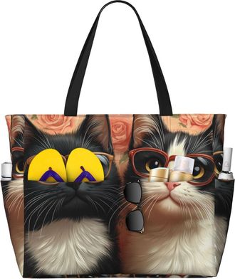 Generic Cute Cat Print Large Beach Bag Foldable Travel Shoulder Tote Bag With Pocket For Weekender Pool Vacation