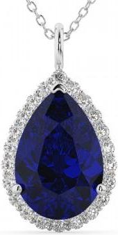 Allurez Halo Blue Sapphire & Diamond Pear Shaped Pendant Necklace 14k White Gold (8.34ct)
