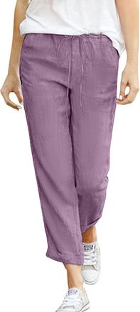 Generic Summer Cropped Cotton Linen Tousers for Women UK Ladies Lightweight Straight Leg Pants Elastic Waist Womens Pull On Drawstring Ankle Grazer Trousers W