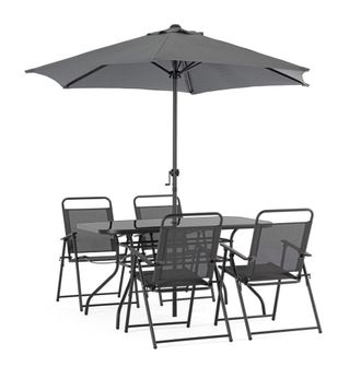 BIZZOTTO Conjunto de mesa y 4 sillas antracita y textilene con sombrilla
