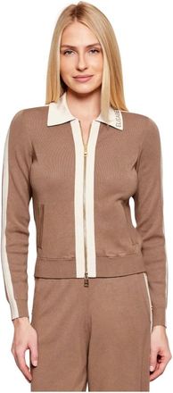 Elisabetta Franchi Truien & Vesten, Dames, Bruin, S, Giacca in maglia con bande in viscosa lucida