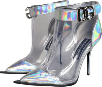 Dolce & Gabbana Womens Silver Iridescent Pvc Pointed Short Boots Shoes Calf Leather Pu Polyester