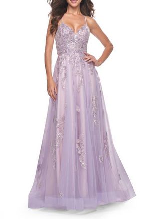 La Femme Two Tone Tulle A-Line Prom Dress with Floral Beaded Detail in Lavender at Nordstrom, Size 12