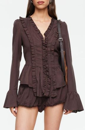 Lioness Odette Ruffle Bell Sleeve Tie Back Linen Blend Top in Brown at Nordstrom, Size X-Large