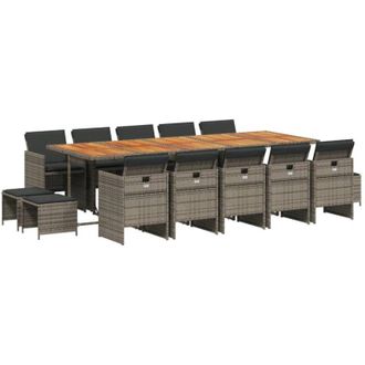 vidaXL Set Comedor De Jard&iacute;n Con Cojines 15 Pzas Rat&aacute;n Sint&eacute;tico Gris Vidaxl