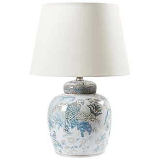 Beliani L&aacute;mpara De Mesa Elegante Con Base De Porcelana Con Estampado Pantalla De Lino Tambor Iluminaci&oacute;n Blanco Y Azul Jamapa