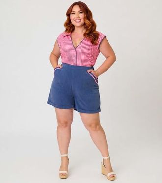 Unique Vintage Plus Size High Waist Short in Blue W/Gingham Print at Nordstrom, Size 4X