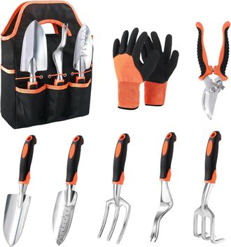 No Brand Juego De 8 Herramientas De Jardiner&iacute;a Ergon&oacute;micas Antideslizantes De Alta Resistencia Con Bolsa De Almacenamiento - Naranja
