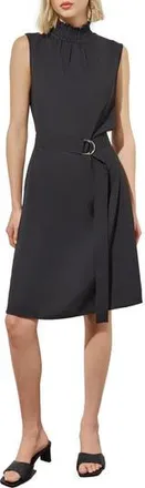 Ming Wang Smocked Mock Neck Cr&ecirc;pe de Chine Dress in Black at Nordstrom Rack, Size X-Small
