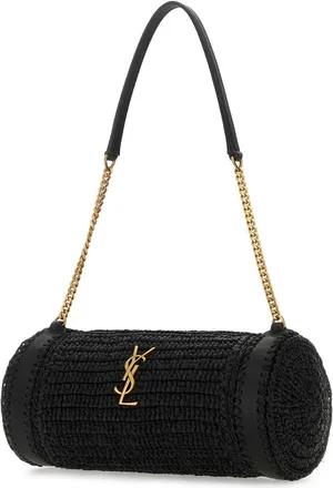 Saint Laurent Womens Cassandre Shoulder Bag Black Rafia Leather