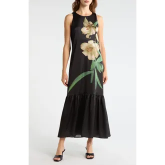 Vince Camuto Drop Waist Floral Maxi Dress in Arctic Wolf at Nordstrom, Size Xx-Large