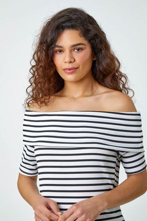 Roman Stripe Ribbed Stretch Bardot Top