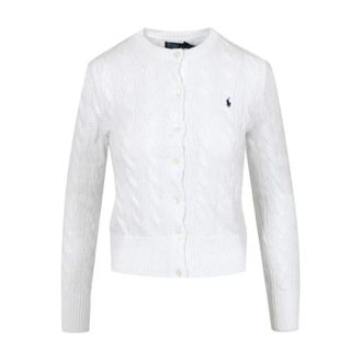 Polo Ralph Lauren Cardigans, female, White, Size: M Button-Up Long Sleeve Cotton Cardigan with Round Neck
