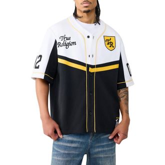 True Religion Oversize Cotton Baseball Jersey in Winter White /Black at Nordstrom, Size Xxx-Large