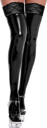 Feoya Women PU Leather Thigh High Stockings Lace Thigh High Stockings Plus Size Women Tight Long Ladies Lingerie Black L