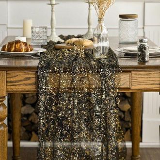 OEM Camino De Mesa De 2 Piezas, 70 X 300 Cm, Decoraci&oacute;n De Mesa Con Detalles Dorados, Para Cocina, Fiestas, Cumplea&ntilde;os Y Bodas - Oro Negro