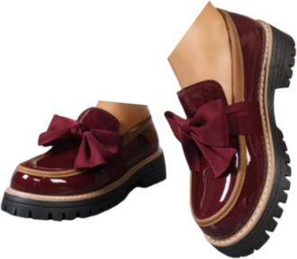 Generic School Shoes for Girls Loafers Shoes for Women Womens Patent Loafers with Bow Trendy Comfort Closed Round Toe Slip on Bow-Knot Dress Flat Low Heels Pu