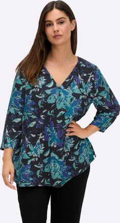 Sheego Longbluse SHEEGO, Damen, Gr. 50, blau (tiefblau, bedruckt), 100% Viskose, bedruckt, gebl&uuml;mt, gemustert, mehrfarbig, V-Ausschnitt, Blusen Longbluse