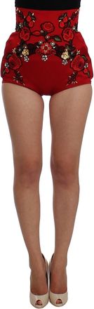 Dolce & Gabbana Womens Shorts High Waist Floral Embroidery - Red Silk - Size EU 36 (Womens)
