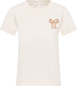 Moncler Moncler Embroidered Bow Cotton T-shirt, Women, White, Size: Xl