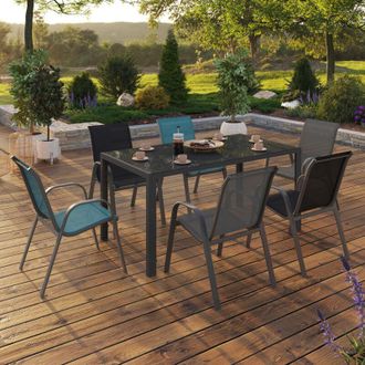 IDMarket Conjunto De Muebles De Jard&iacute;n Madrid Mesa 150 Cm Y 6 Sillas Apilables Mix Color Gris, Negro Y Azul