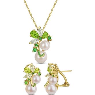 Delmar Semiprecious Stone & Cultured Pearl Pendant Necklace & Stud Earrings Set in Green at Nordstrom Rack