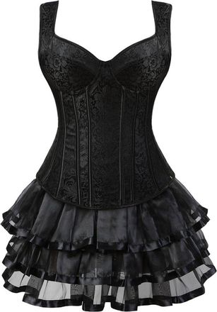 Generic Straps Corset Gothic Bustier with Layer Lace Skirt (Dark Gray, S)