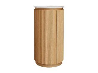 Vente-Unique Mueble de ba&ntilde;o estriado redondo en madera de fresno con lavabo de resina blanco mate - Natural claro - 45 x 45 x 85 cm - NEFIS