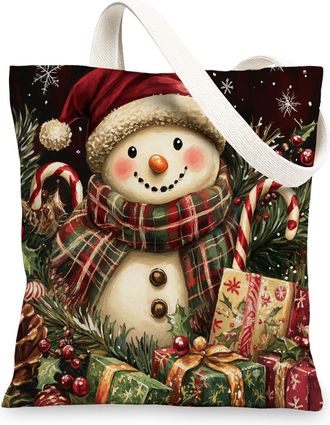 Generic Merry Christmas Snowman Canvas Tote Bag for Shopping 13x15, Kid Fun Xmas Candy Reusable Grocery Print Bag for Women, Holiday New Year Beach Aesthetic 